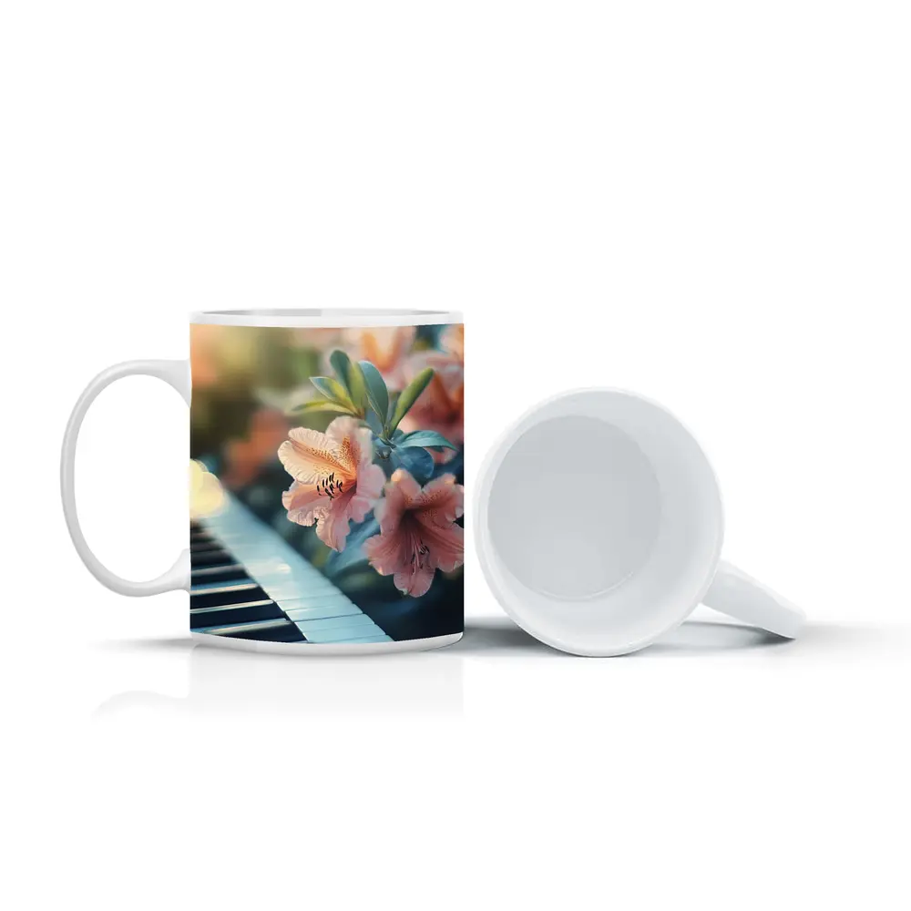 Pink Lilies Blooming Over Piano Keys – Mugs