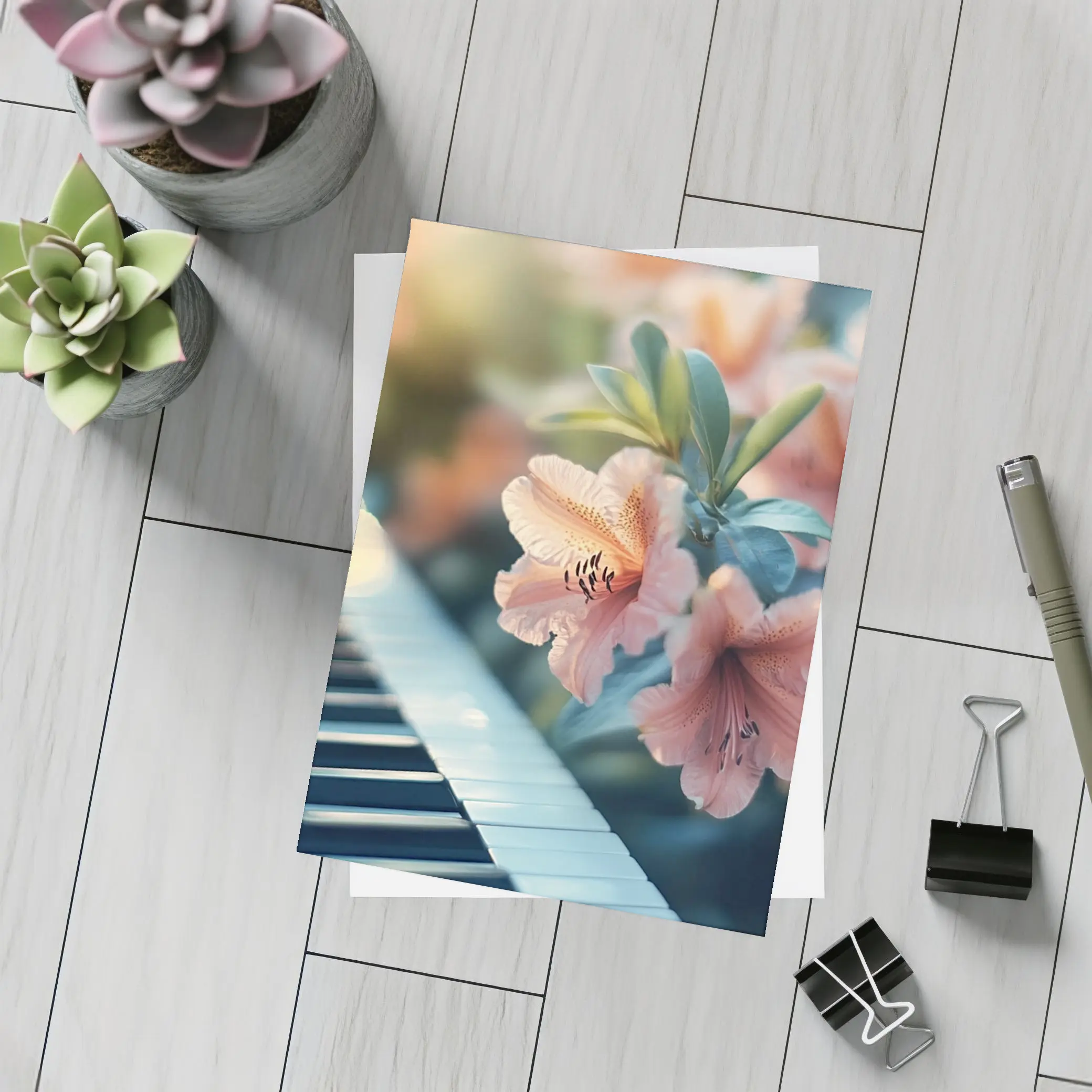 Pink Lilies Blooming Over Piano Keys – Postcards