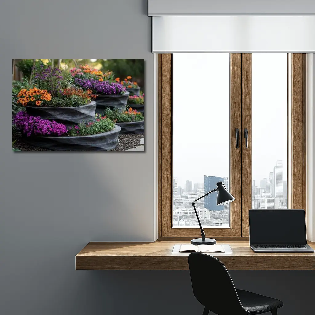 Tiered Garden Planters With Purple Orange Flowers – Wall Art