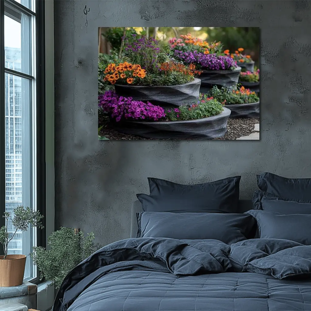 Tiered Garden Planters With Purple Orange Flowers – Wall Art