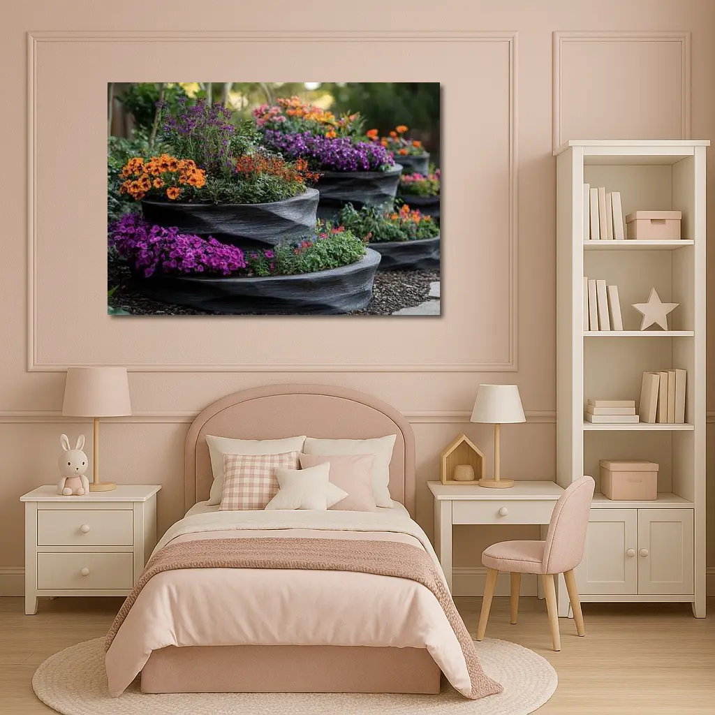 Tiered Garden Planters With Purple Orange Flowers – Wall Art