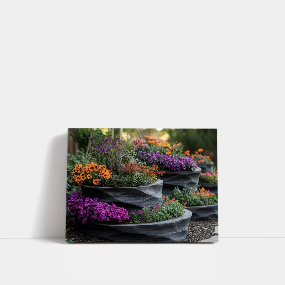 Tiered Garden Planters With Purple Orange Flowers – Wall Art