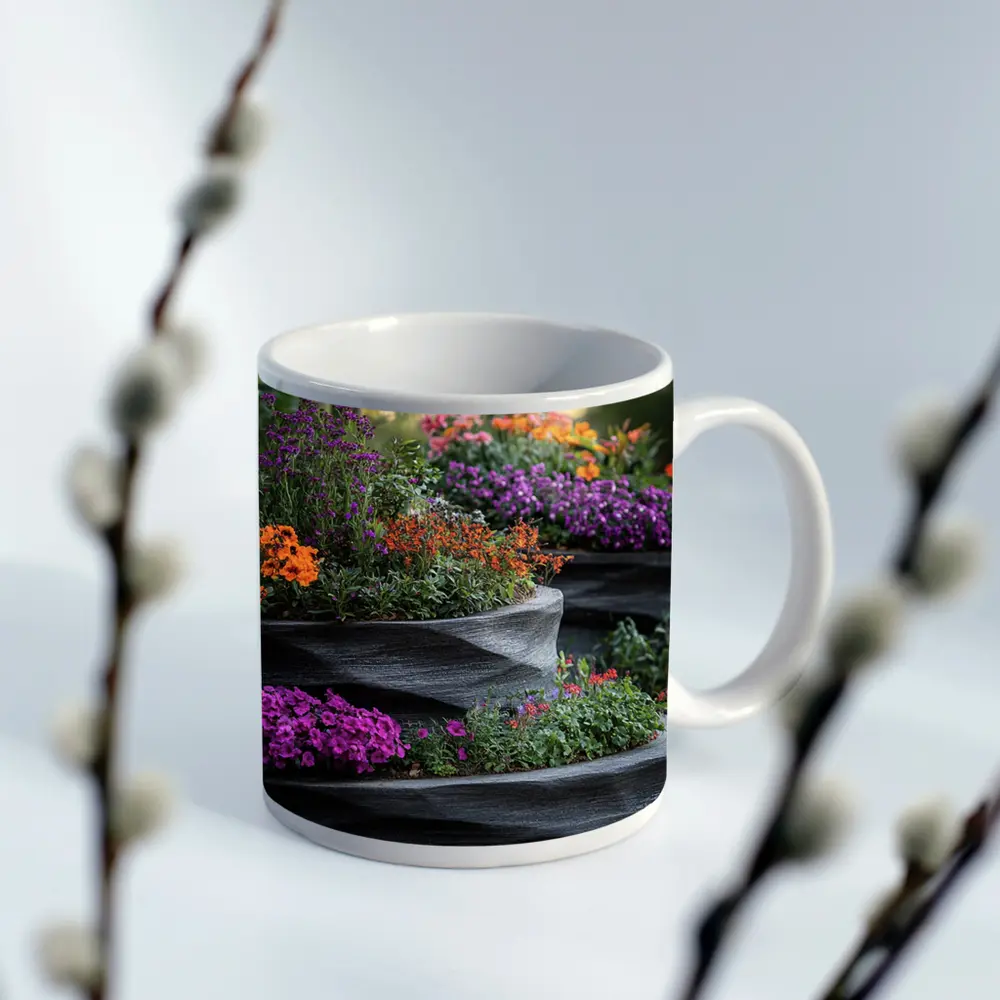 Tiered Garden Planters With Purple Orange Flowers – Mugs