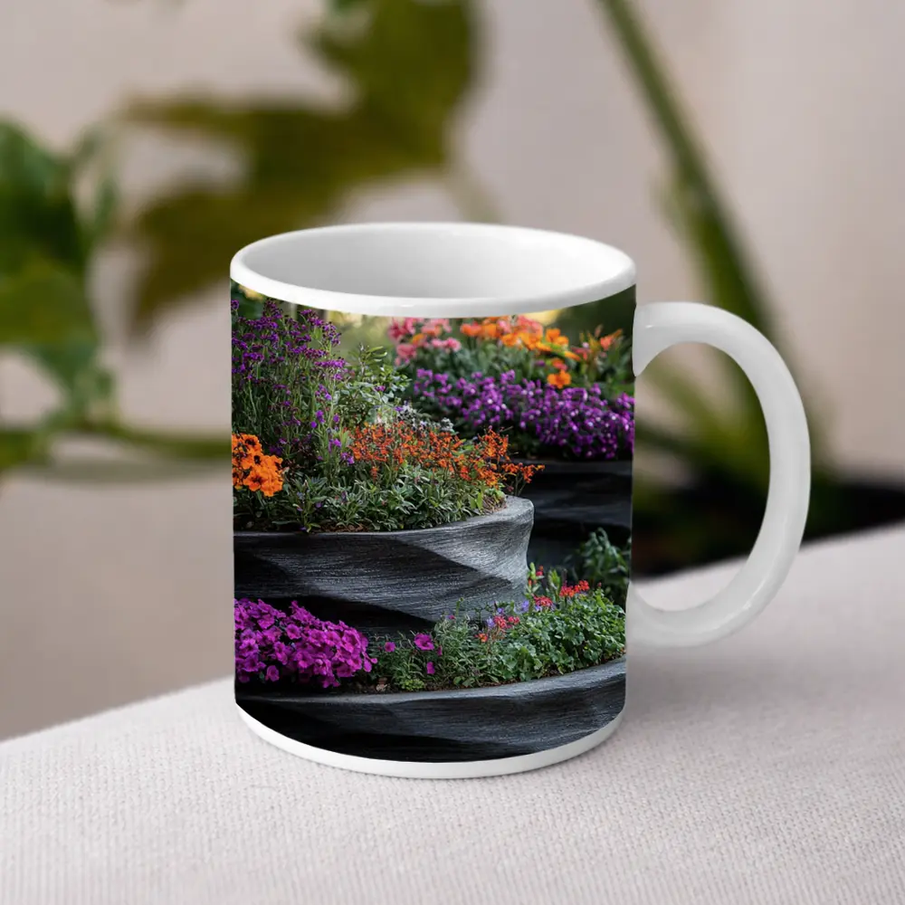 Tiered Garden Planters With Purple Orange Flowers – Mugs