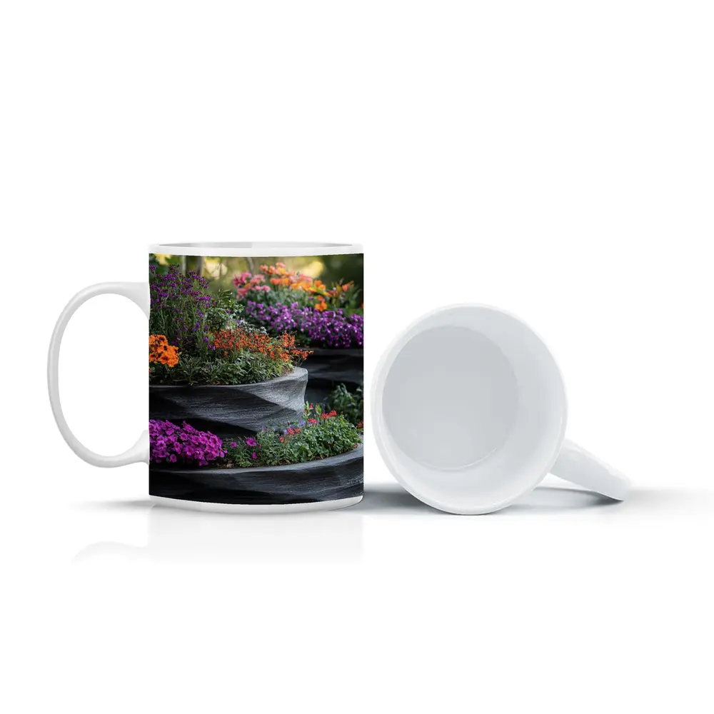 Tiered Garden Planters With Purple Orange Flowers – Mugs