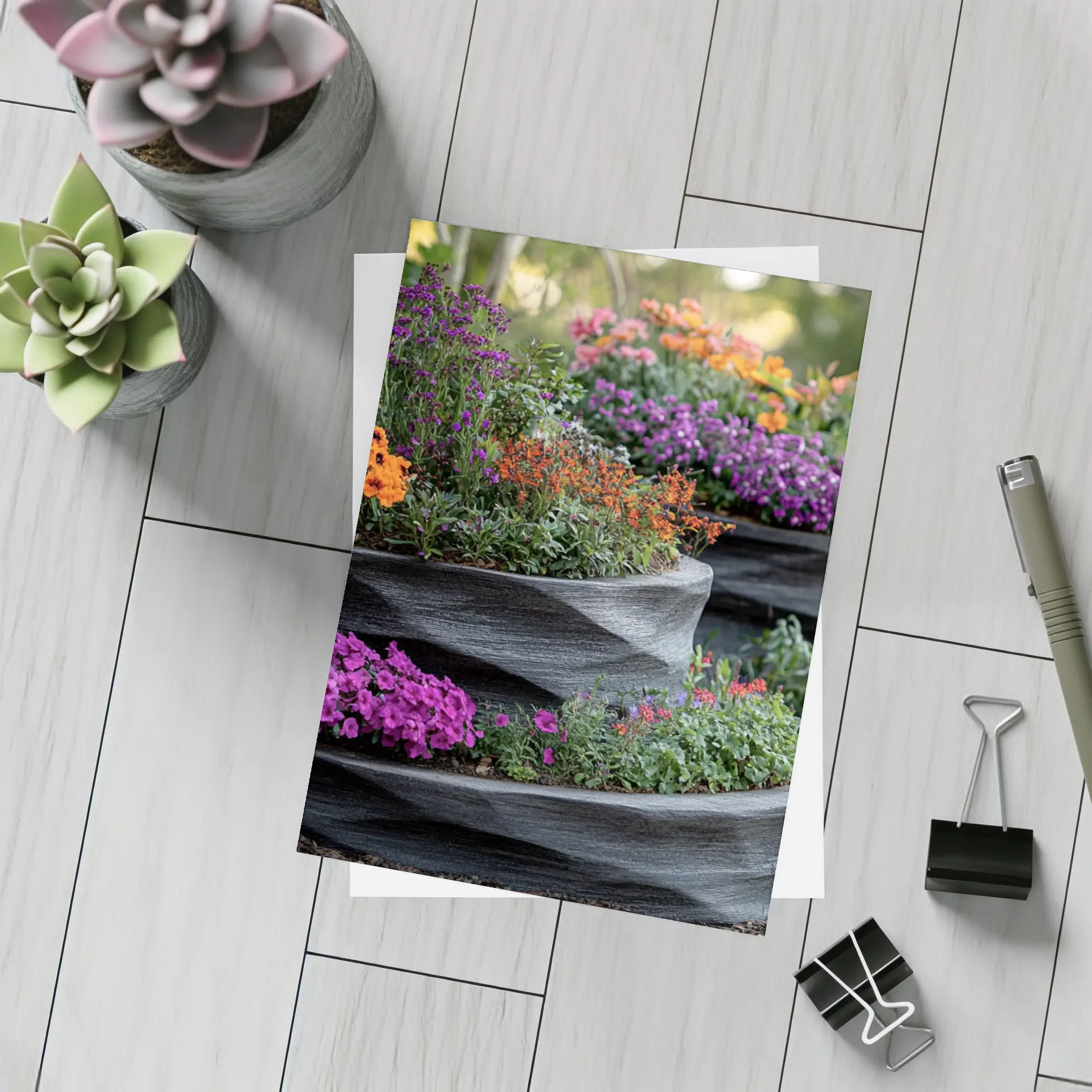 Tiered Garden Planters With Purple Orange Flowers – Postcards