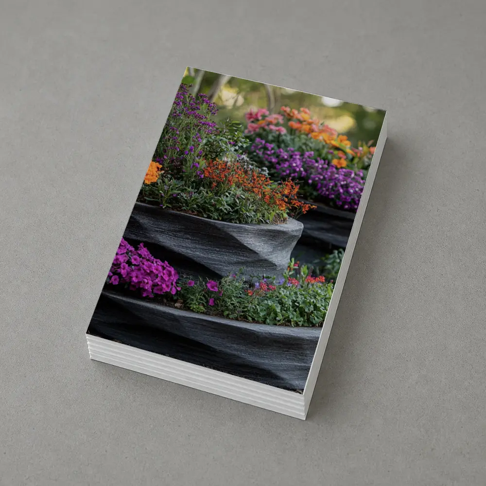 Tiered Garden Planters With Purple Orange Flowers – Postcards