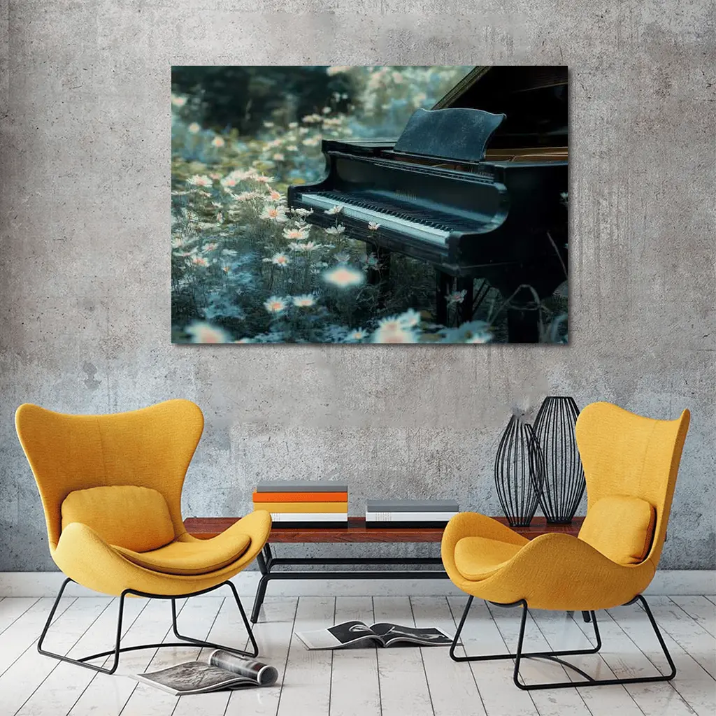 Black Grand Piano Surrounded By Wild Daisies – Wall Art