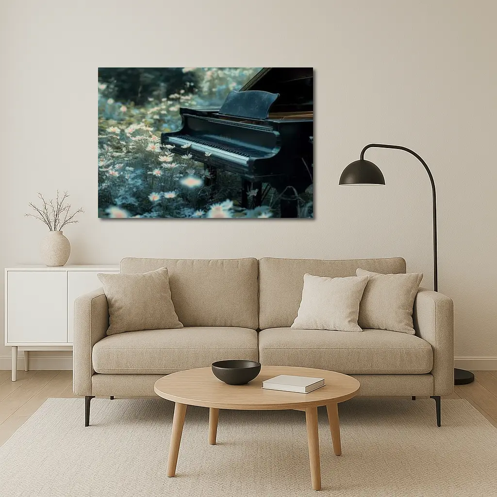 Black Grand Piano Surrounded By Wild Daisies – Wall Art