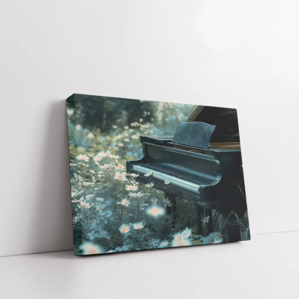 Black Grand Piano Surrounded By Wild Daisies – Wall Art