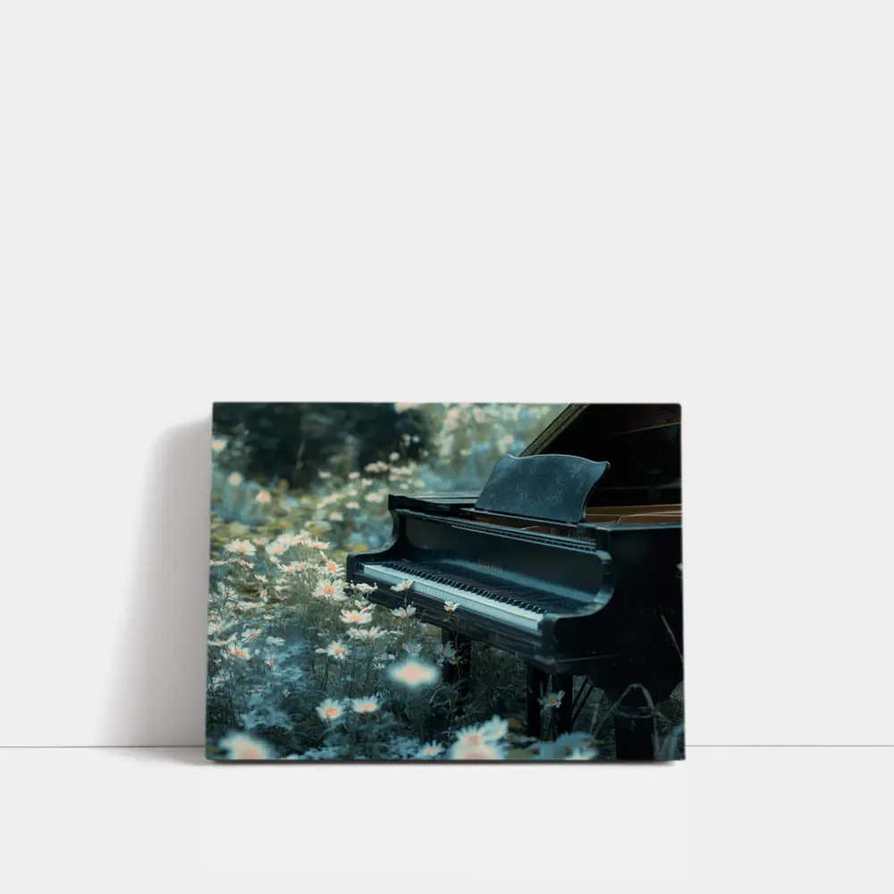 Black Grand Piano Surrounded By Wild Daisies – Wall Art
