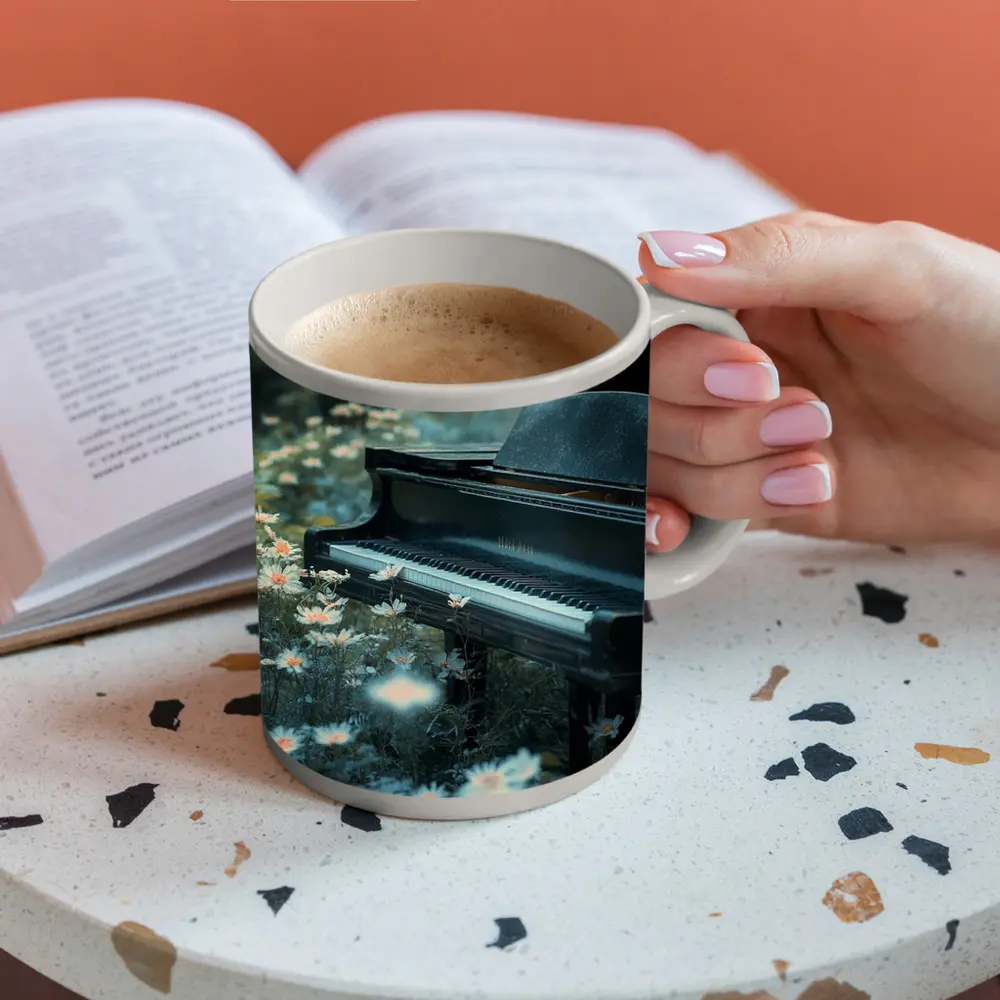 Black Grand Piano Surrounded By Wild Daisies – Mugs
