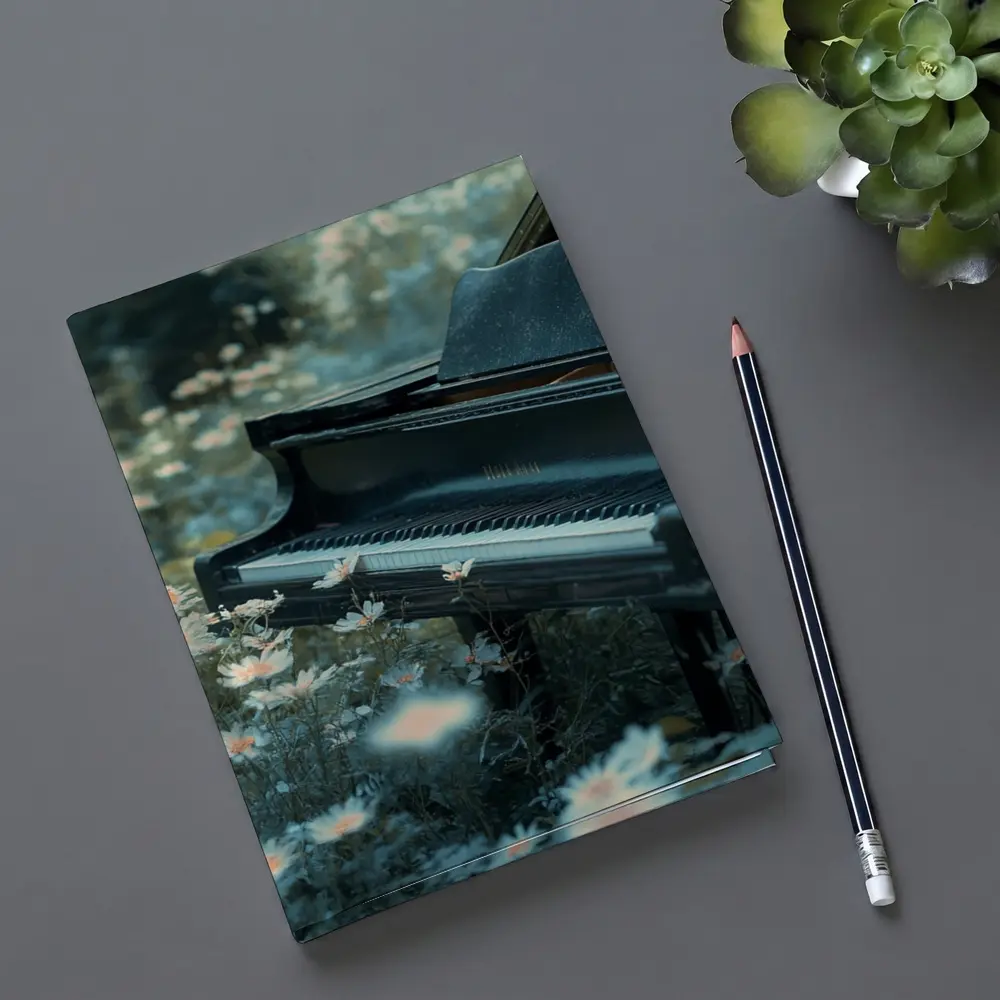 Black Grand Piano Surrounded By Wild Daisies – Notebooks