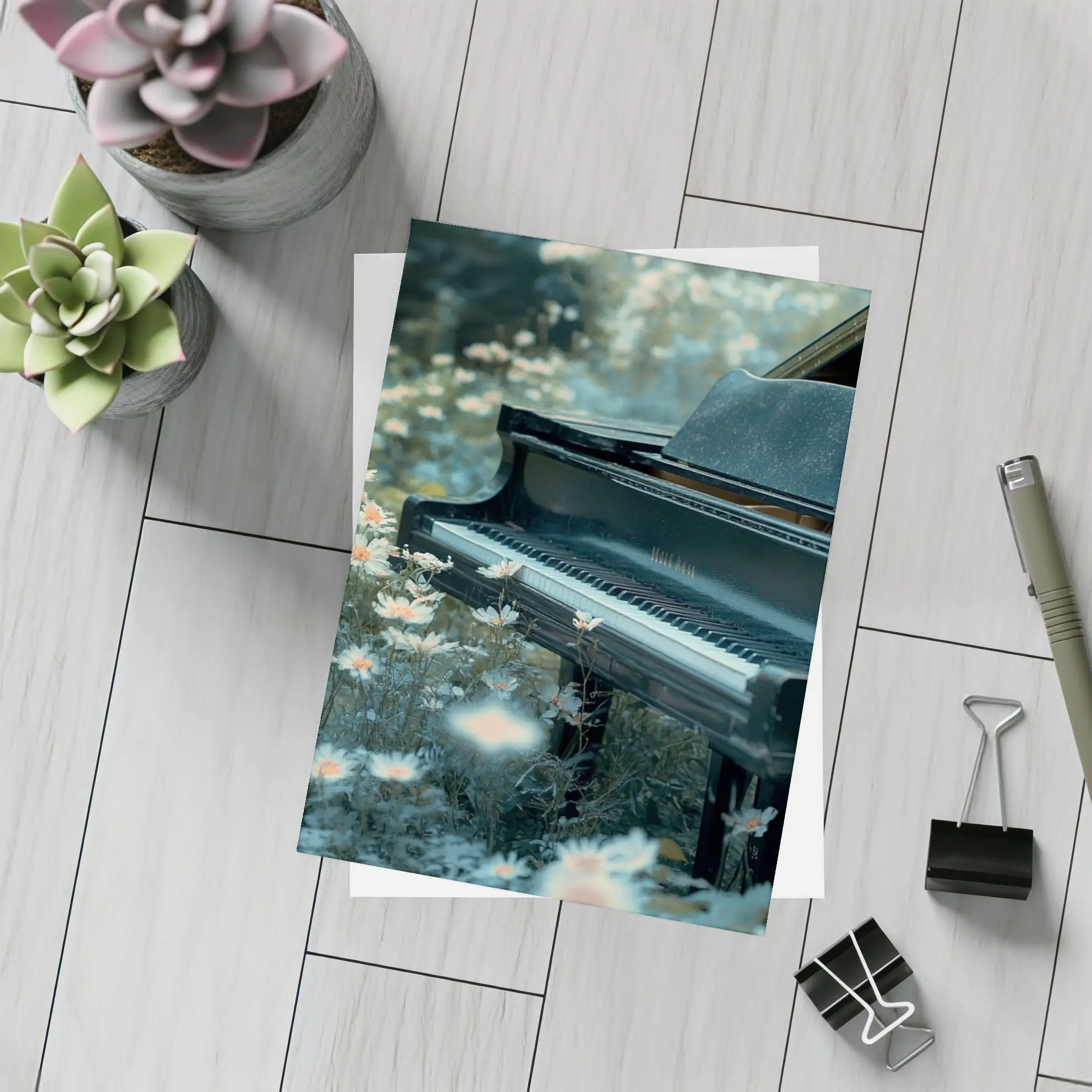 Black Grand Piano Surrounded By Wild Daisies – Postcards