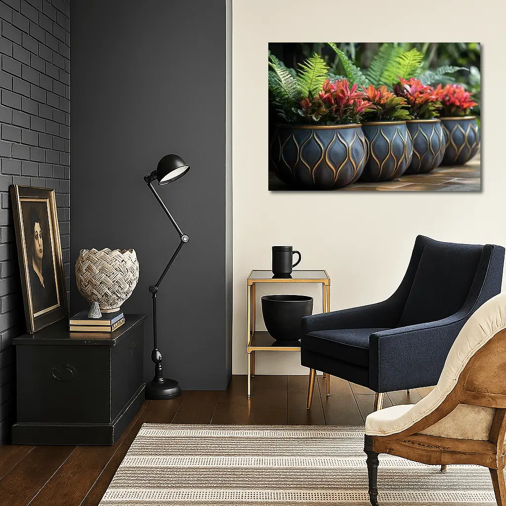 Dark Ceramic Pots Gold Pattern Tropical Garden – Wall Art