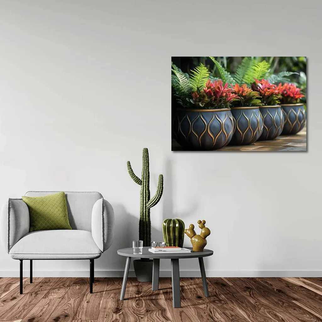Dark Ceramic Pots Gold Pattern Tropical Garden – Wall Art