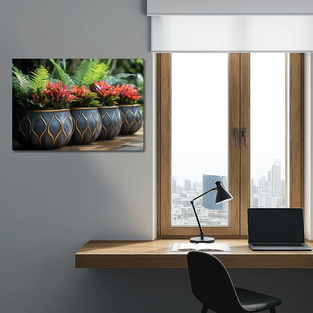 Dark Ceramic Pots Gold Pattern Tropical Garden – Wall Art