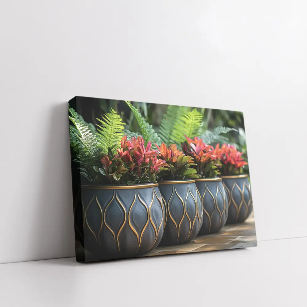 Dark Ceramic Pots Gold Pattern Tropical Garden – Wall Art