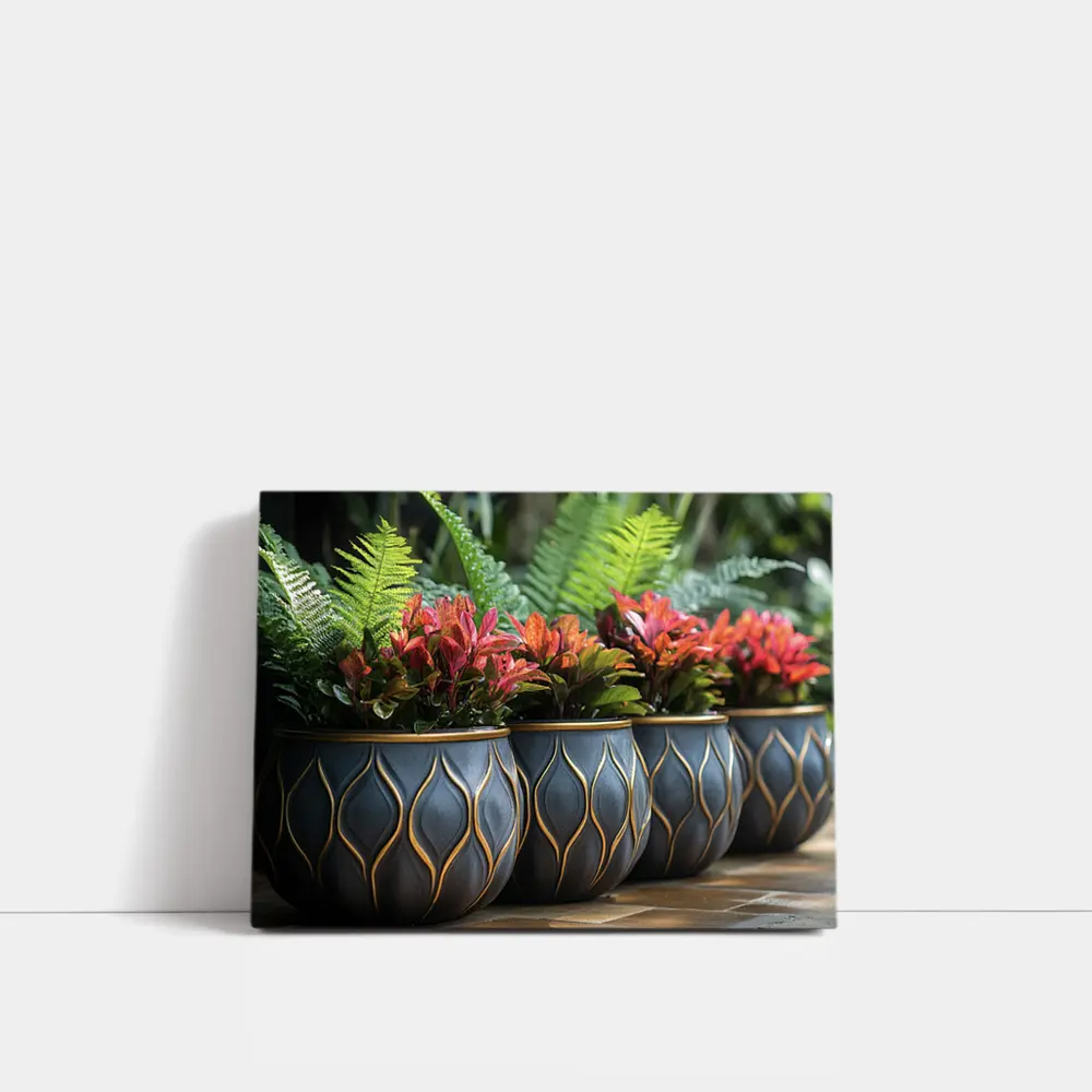 Dark Ceramic Pots Gold Pattern Tropical Garden – Wall Art