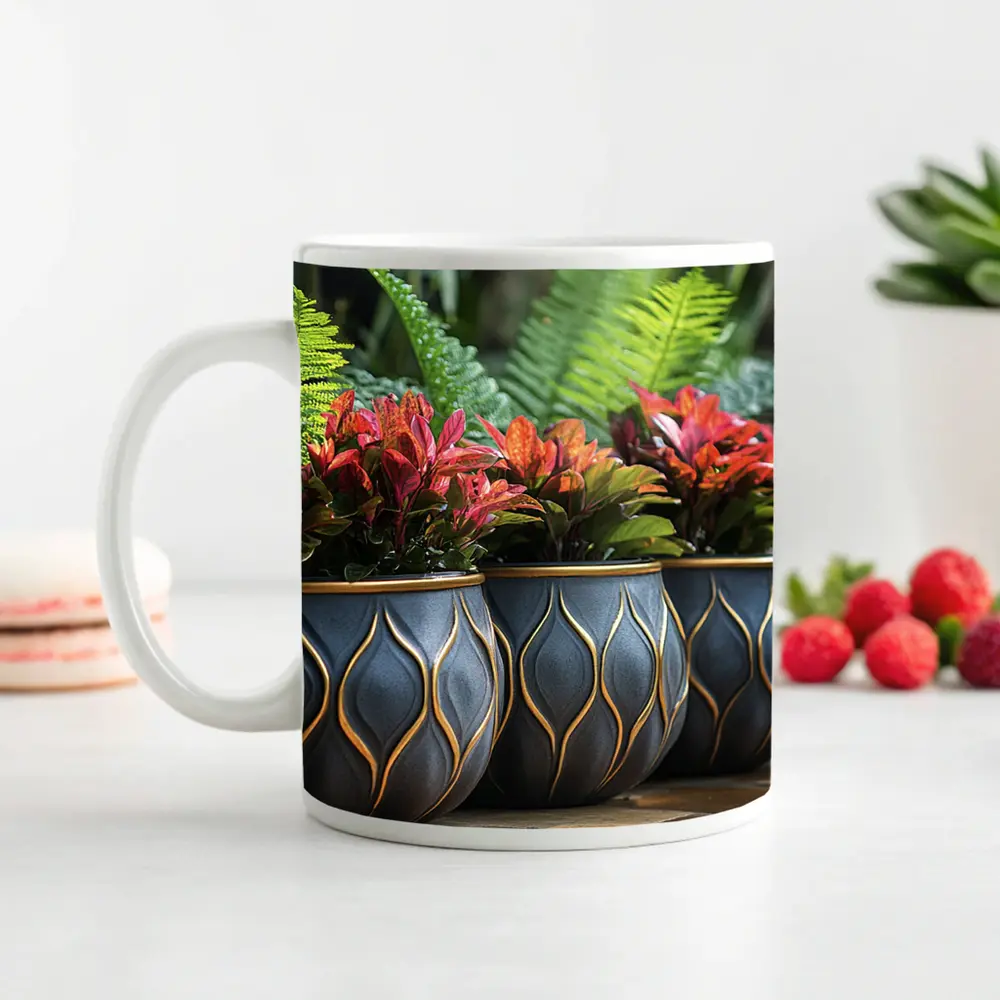 Dark Ceramic Pots Gold Pattern Tropical Garden – Mugs