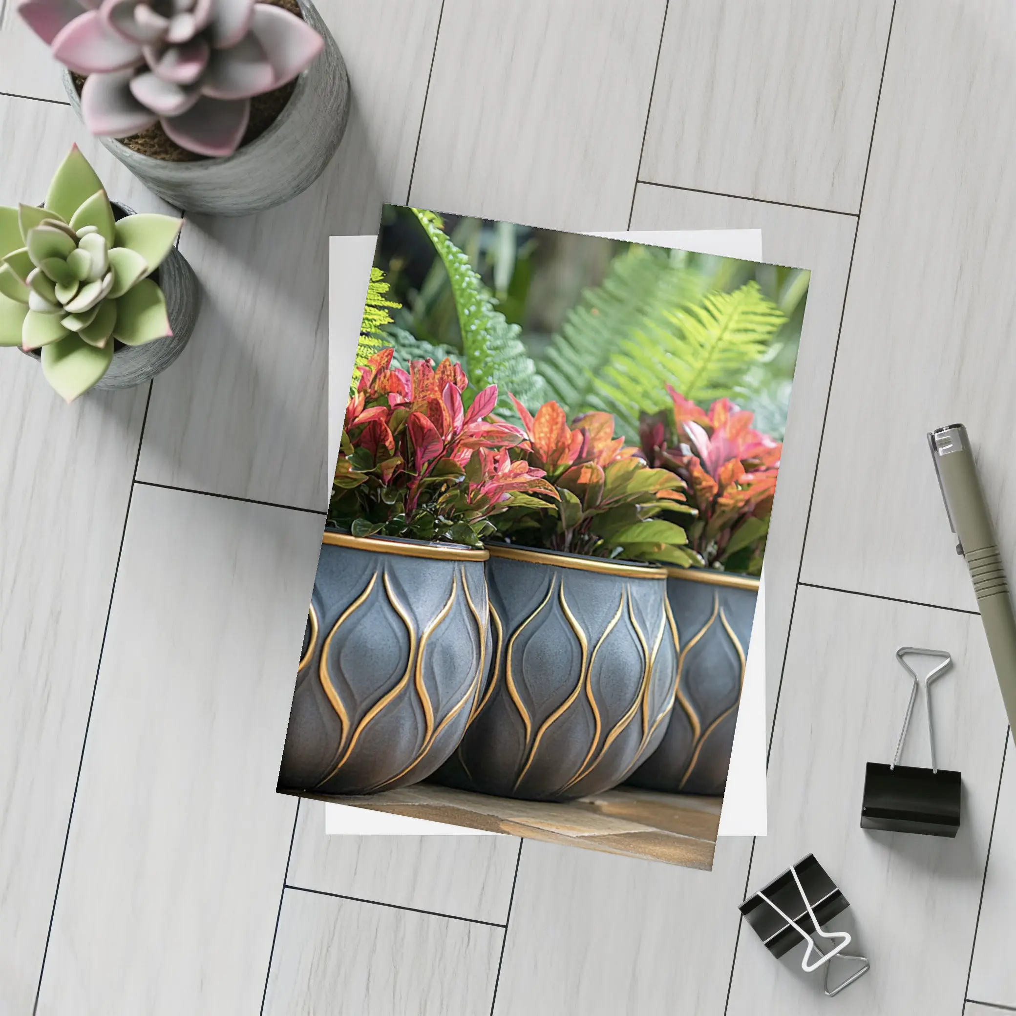 Dark Ceramic Pots Gold Pattern Tropical Garden – Postcards