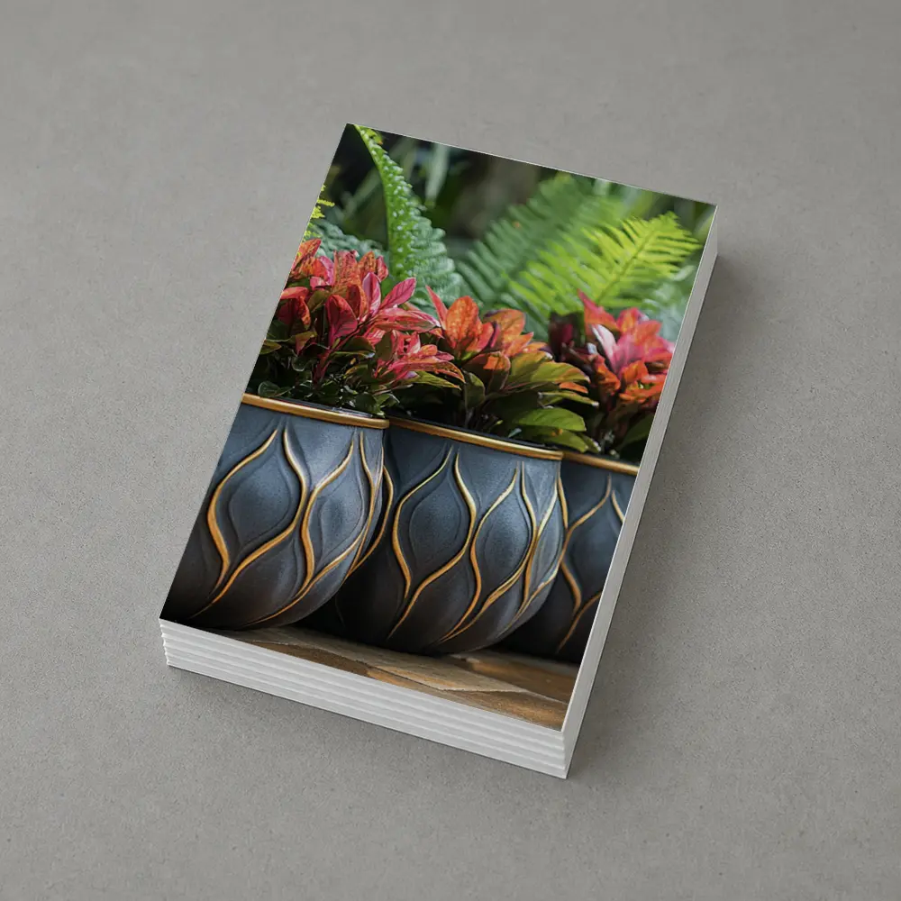 Dark Ceramic Pots Gold Pattern Tropical Garden – Postcards