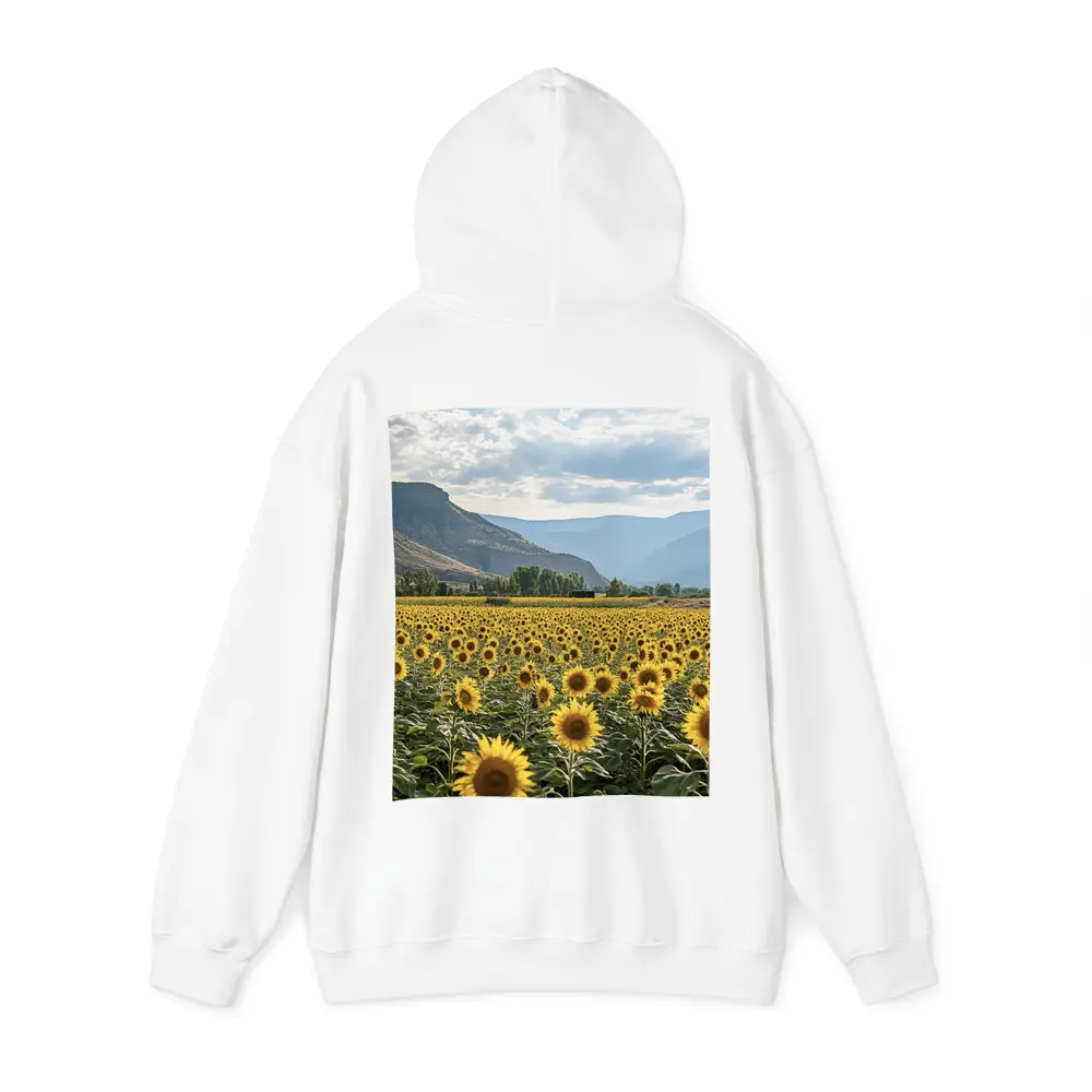 Sunflower Field With Mountain Valley Background – Hoodies