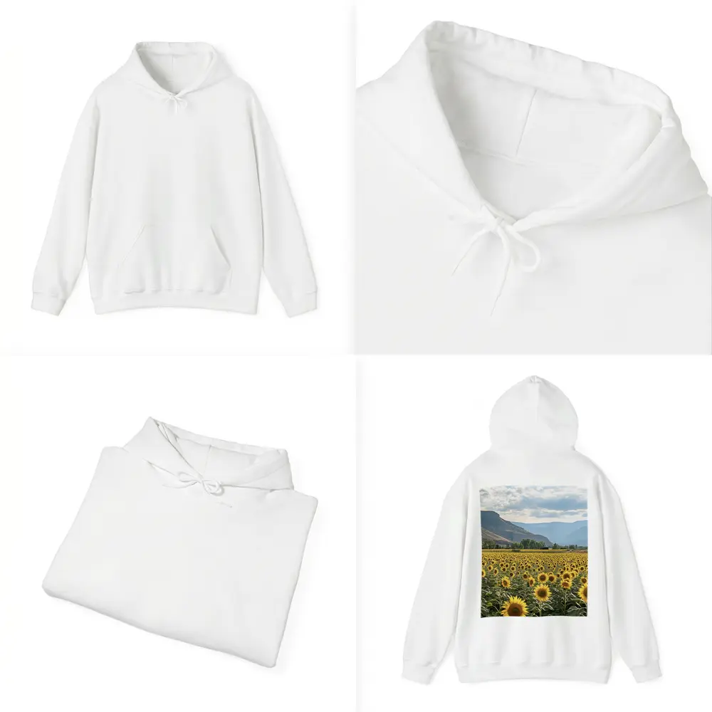 Sunflower Field With Mountain Valley Background – Hoodies