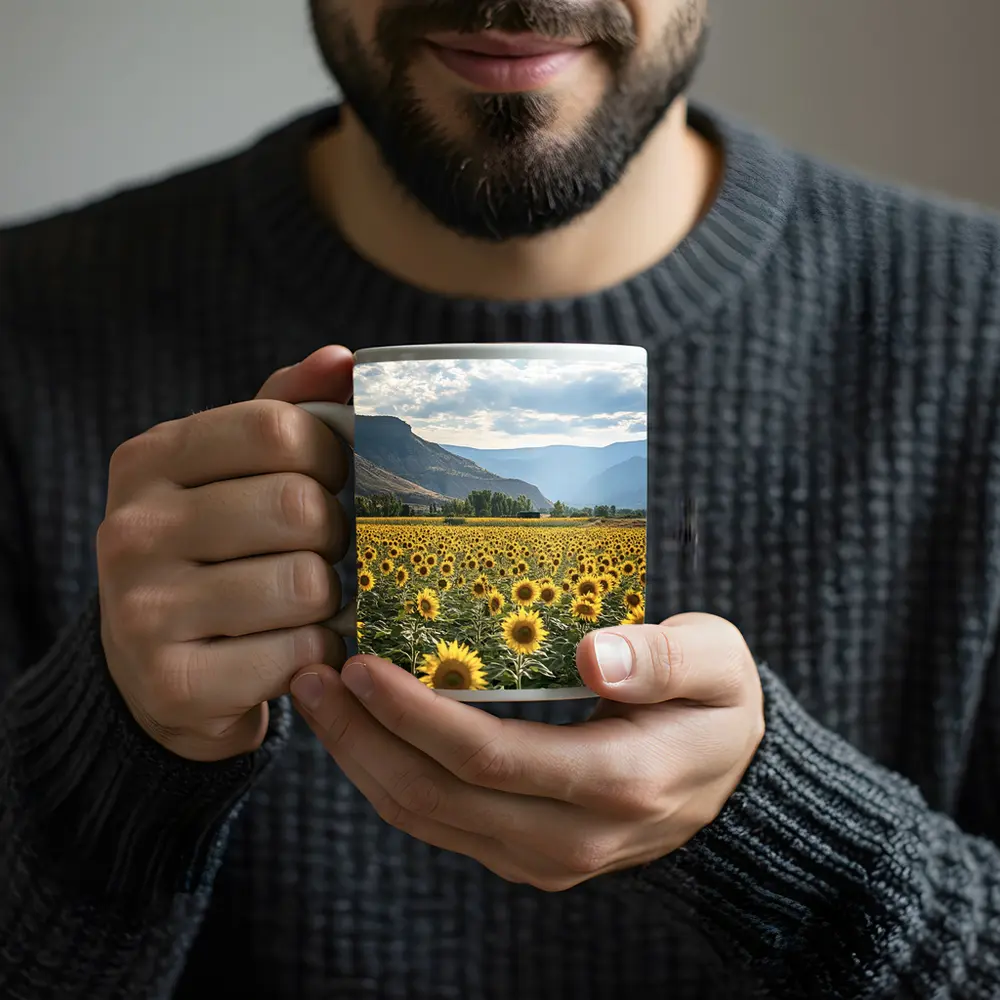 Sunflower Field With Mountain Valley Background – Mugs