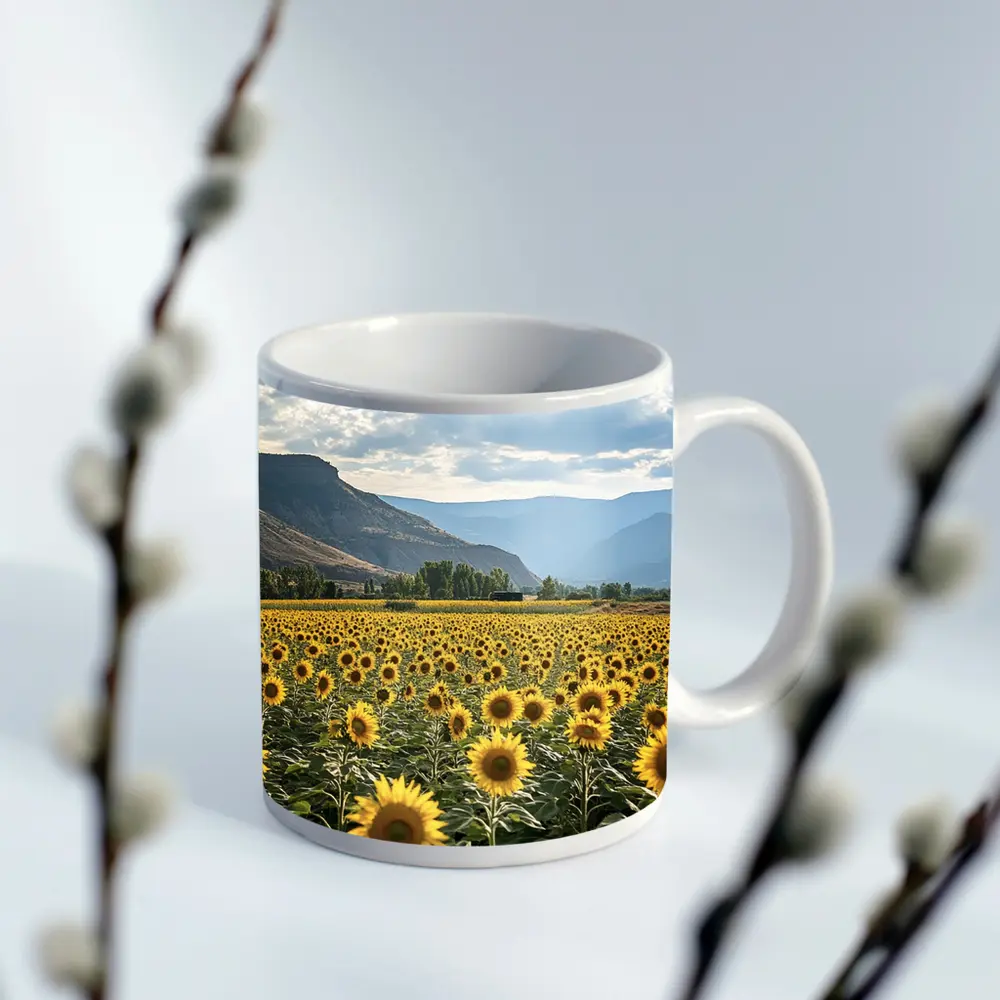 Sunflower Field With Mountain Valley Background – Mugs