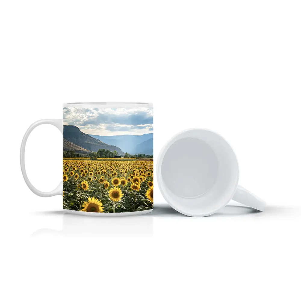 Sunflower Field With Mountain Valley Background – Mugs