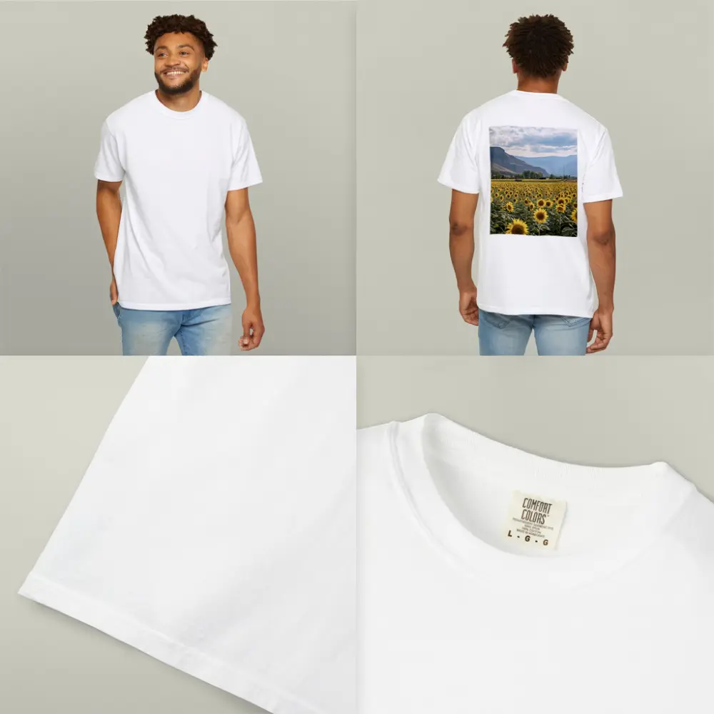 Sunflower Field With Mountain Valley Background – T-Shirts