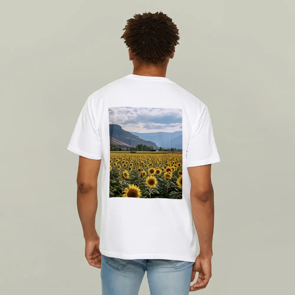 Sunflower Field With Mountain Valley Background – T-Shirts