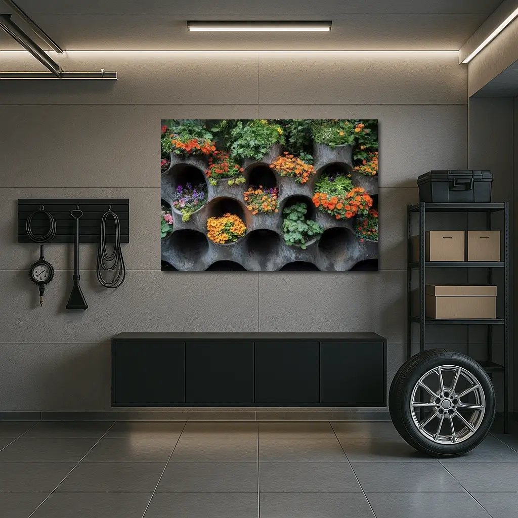 Orange Flowers Blooming In Concrete Wall Planters – Wall Art