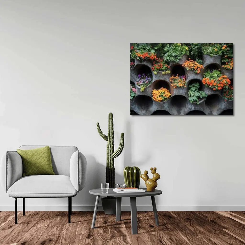 Orange Flowers Blooming In Concrete Wall Planters – Wall Art