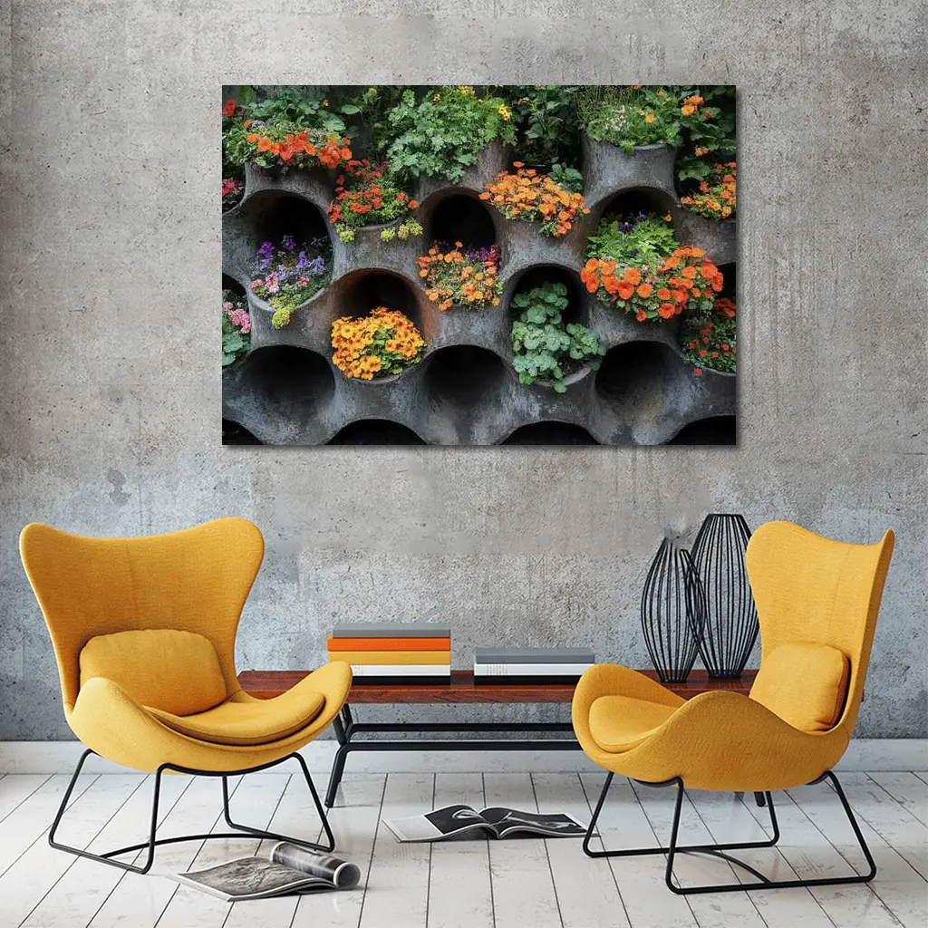 Orange Flowers Blooming In Concrete Wall Planters – Wall Art