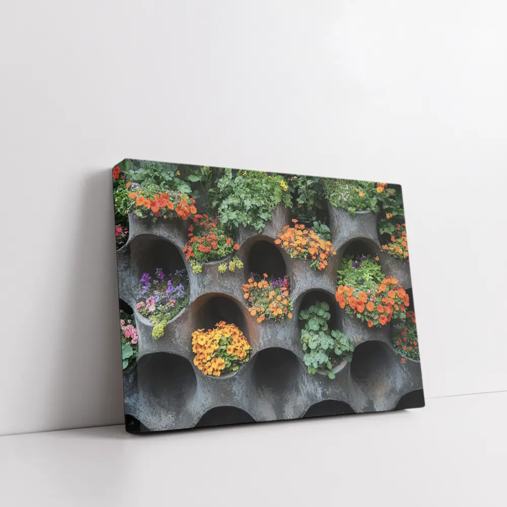 Orange Flowers Blooming In Concrete Wall Planters – Wall Art