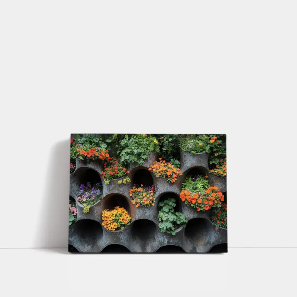 Orange Flowers Blooming In Concrete Wall Planters – Wall Art