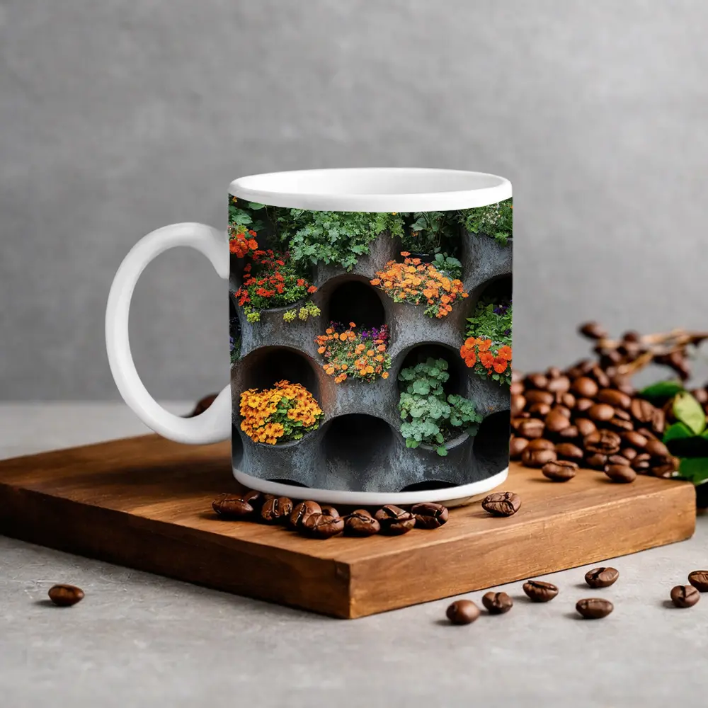 Orange Flowers Blooming In Concrete Wall Planters – Mugs