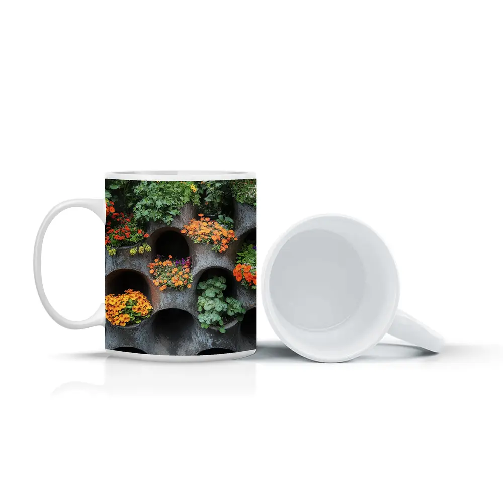 Orange Flowers Blooming In Concrete Wall Planters – Mugs