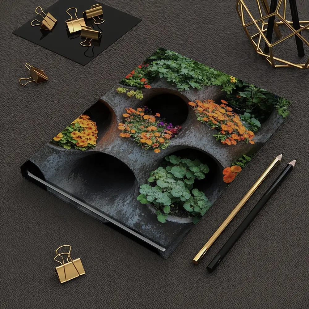 Orange Flowers Blooming In Concrete Wall Planters – Notebooks