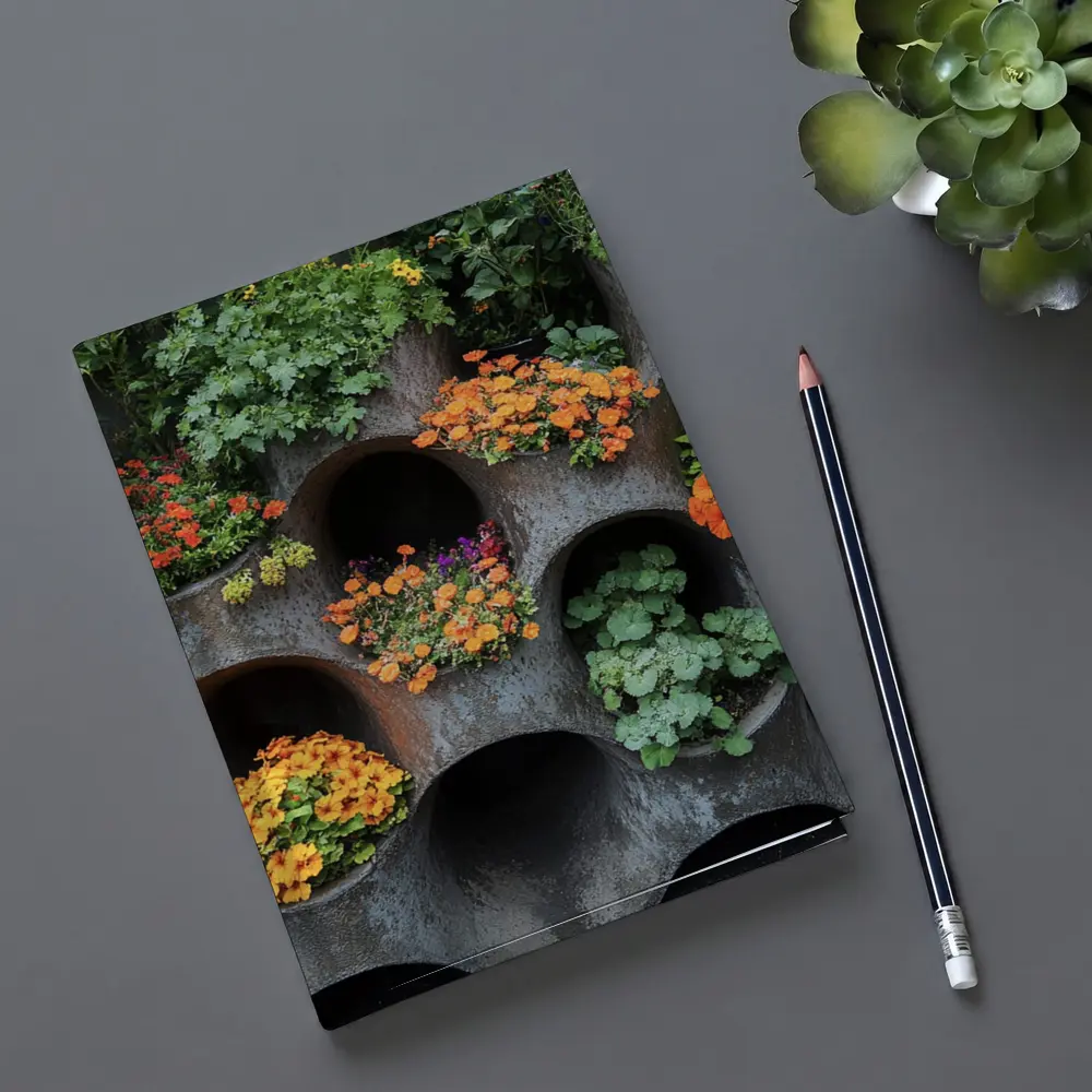 Orange Flowers Blooming In Concrete Wall Planters – Notebooks