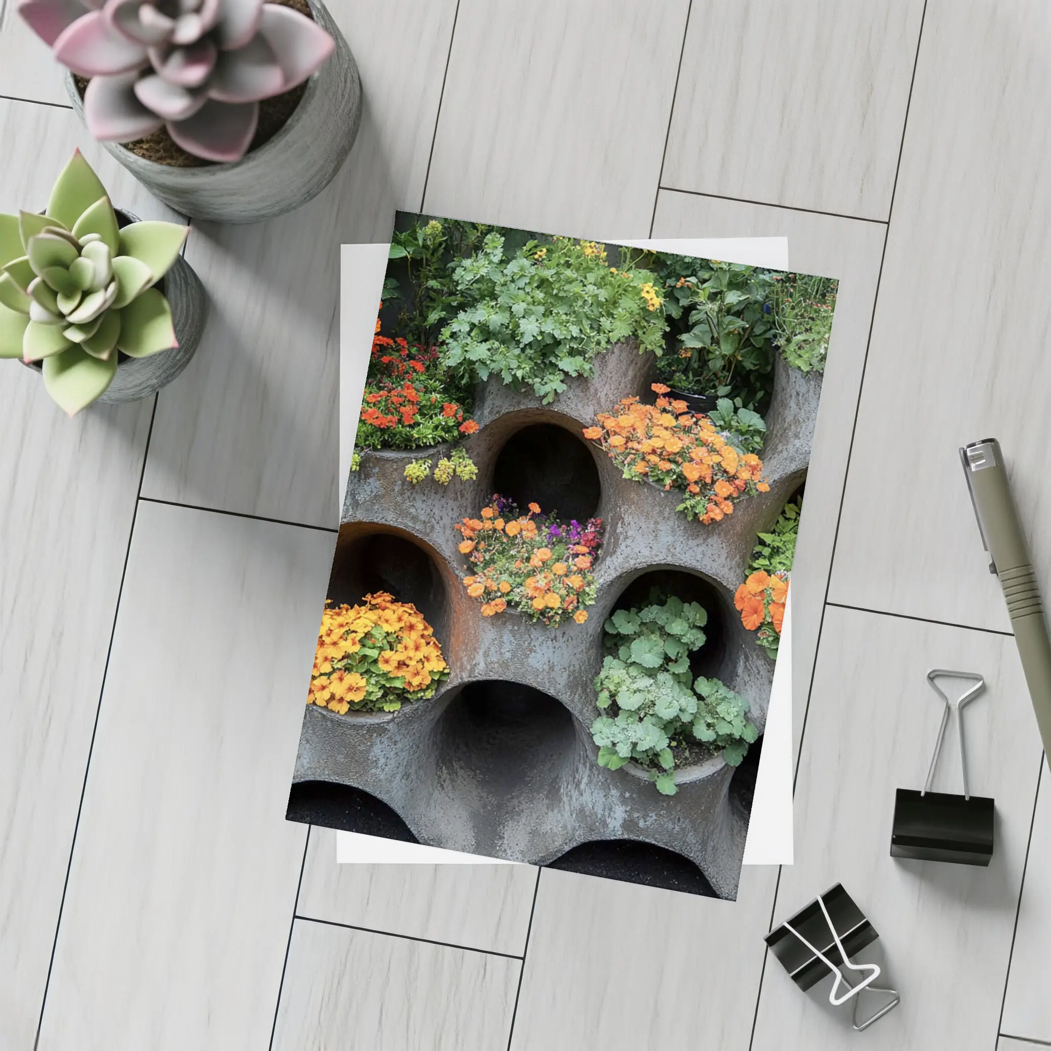 Orange Flowers Blooming In Concrete Wall Planters – Postcards