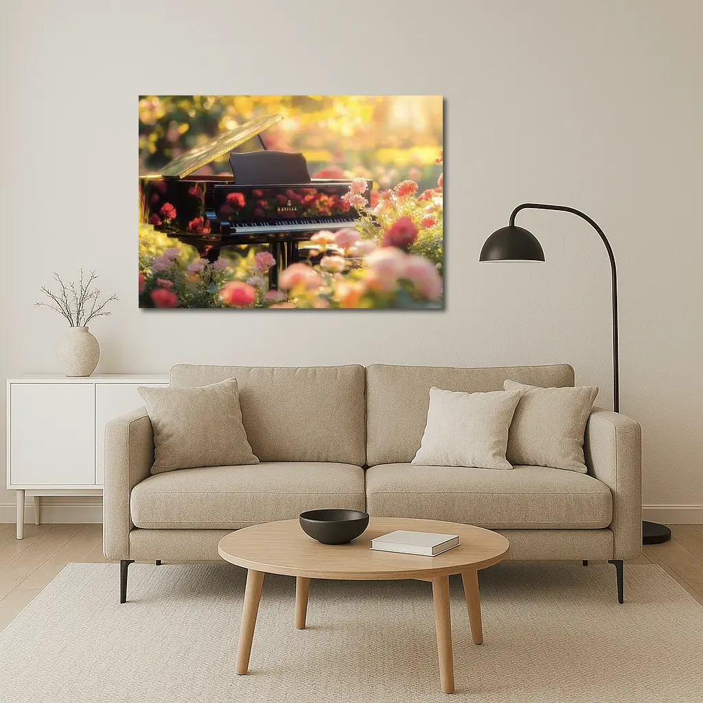 Grand Piano Surrounded By Pink Roses Garden – Wall Art