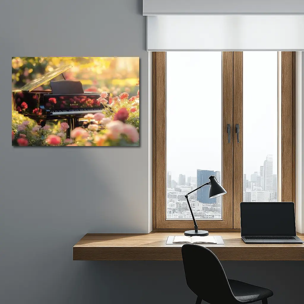Grand Piano Surrounded By Pink Roses Garden – Wall Art