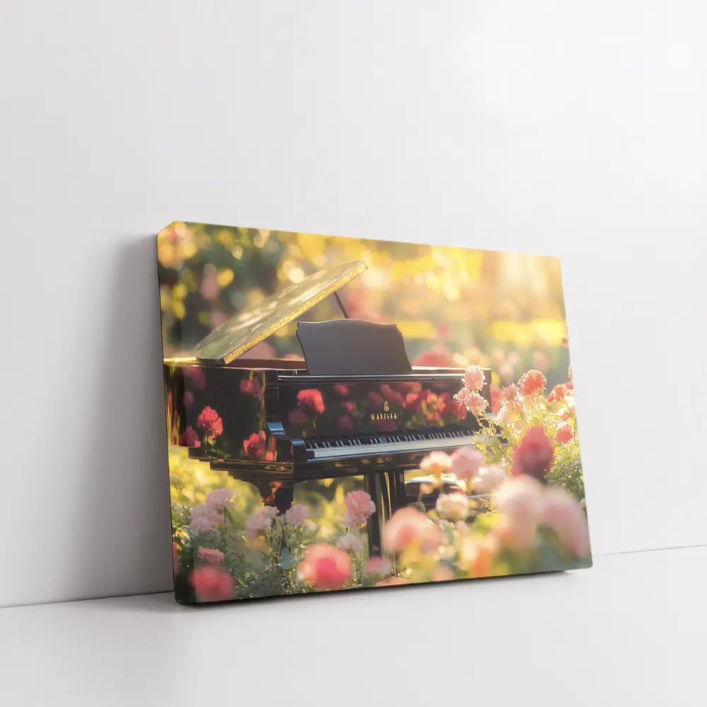 Grand Piano Surrounded By Pink Roses Garden – Wall Art