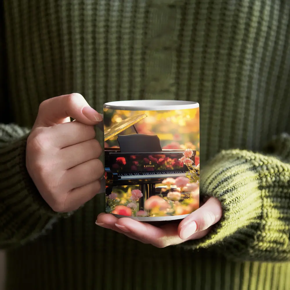 Grand Piano Surrounded By Pink Roses Garden – Mugs