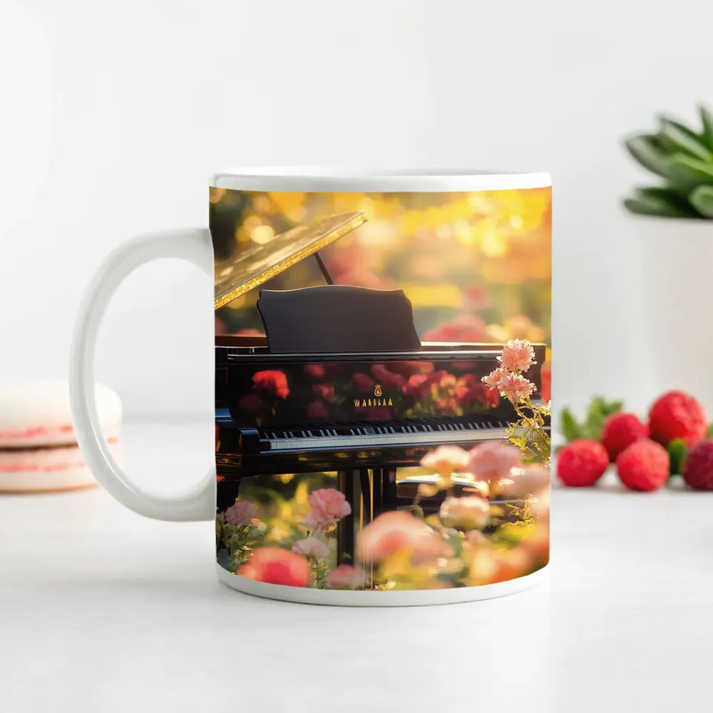 Grand Piano Surrounded By Pink Roses Garden – Mugs