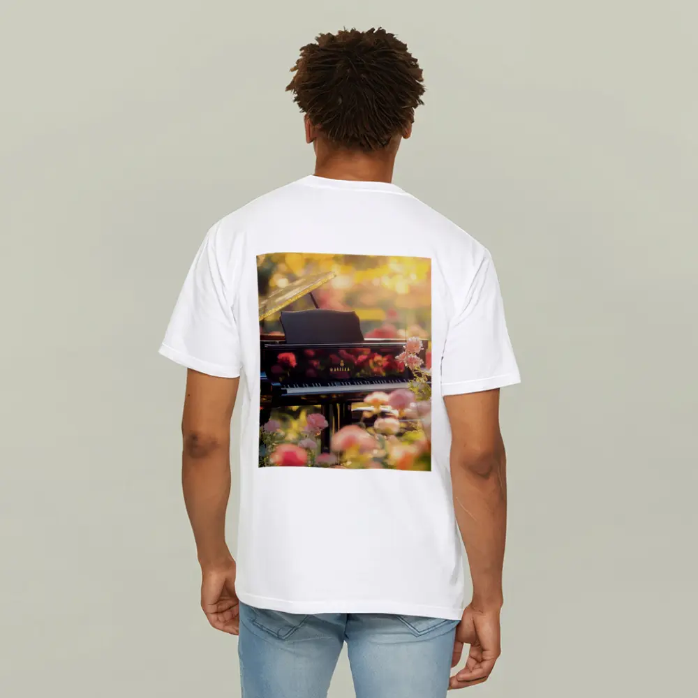 Grand Piano Surrounded By Pink Roses Garden – T-Shirts