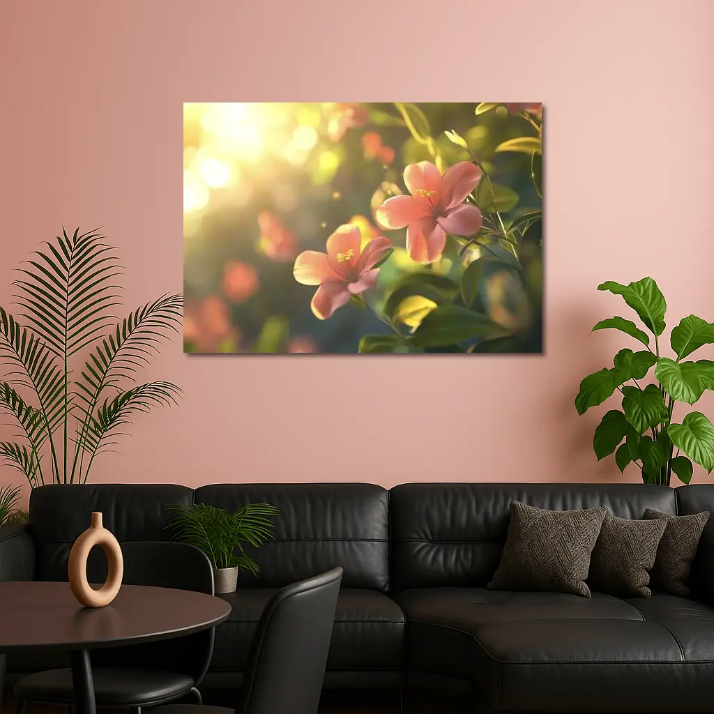 Pink Hibiscus Flowers Soft Sunlight Bokeh – Wall Art